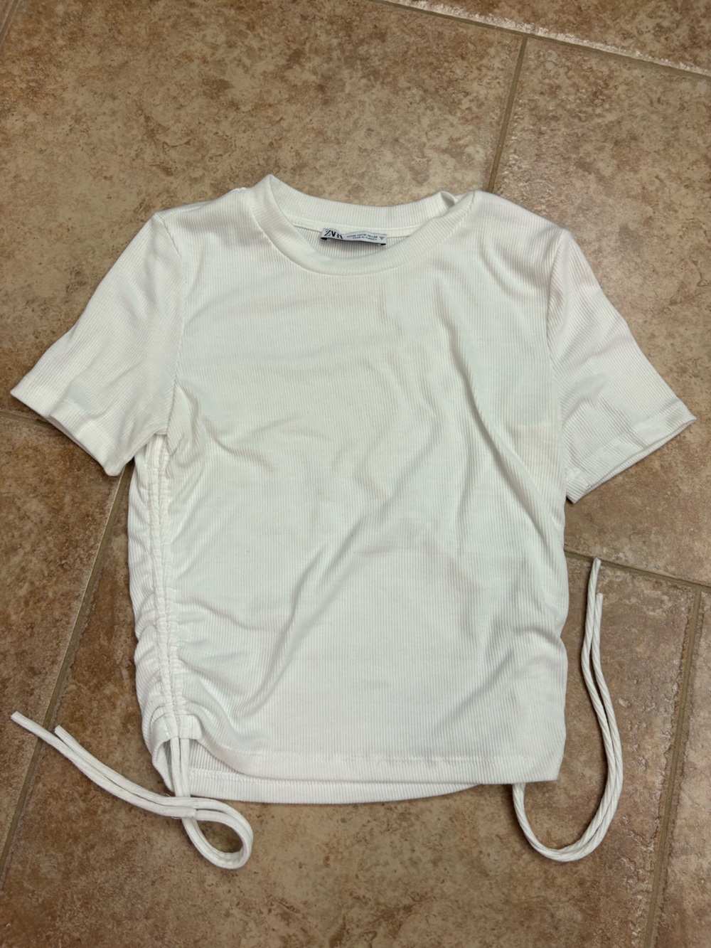 Zara White Ribbed Short Sleeve Top with Side Drawstrings